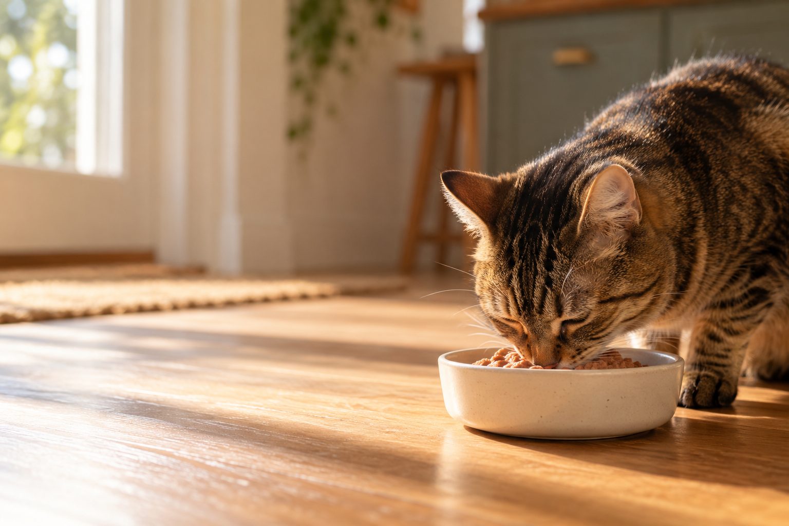 A tabby cat eating wet food from a bowl in a sunny kitchen